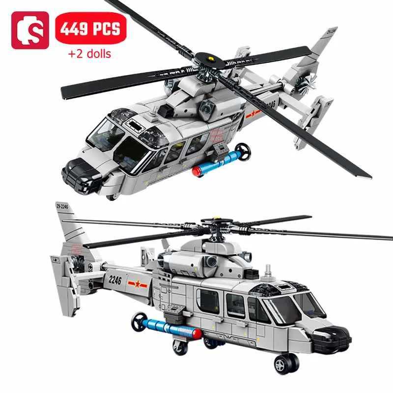 SEMBO Z9 Shipborne Helicopter Assemblage Building Blocks MOC Armed Aircraft Fighter Soldiers Model Bricks Kids Toys Boys Gifts J251022