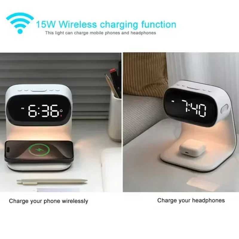 3in1 Wireless Charger Multifunctional LED Warm Light Night Light Clock Phone Earphone For iPhone Charging Stand J251114