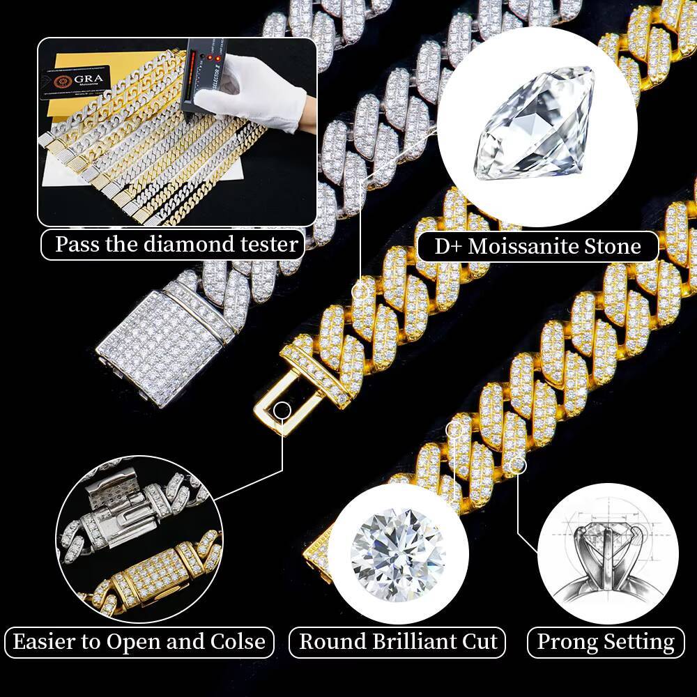 Custom Luxury 12 16 20 mm Full Iced Out Hiphop Moissanite Diamond Miami Silver Cuban Link Chain Bracelet in Silver 925 for Men