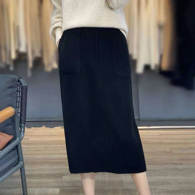 Women's Knitted Cashmere Double Pocket 100% Pure Wool Commuter Joker Straight Skirt For Autumn Winter New 251022