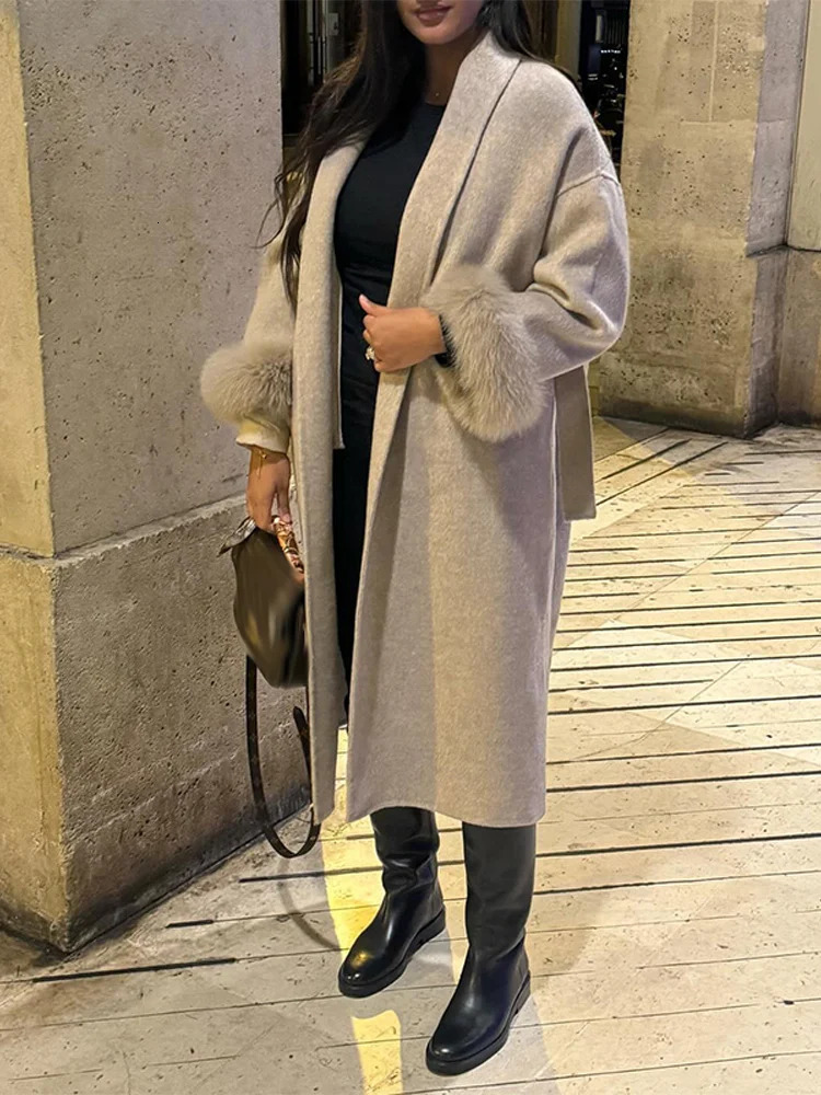 Street Furry Patchwork Slim Womens Long Woolen Overcoats Vneck Full Sleeve Lace Up Coats Fashion Office Lady Autumn Outerwears 251016