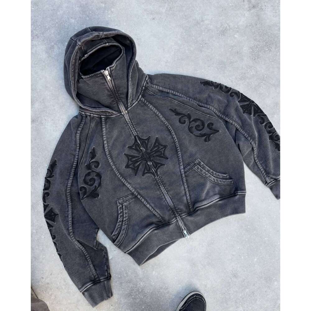 Trendy Brand Winter New Washed Vintage Personalized Embroidered for Men Street Gothic Style Double Hood Sweatshirt