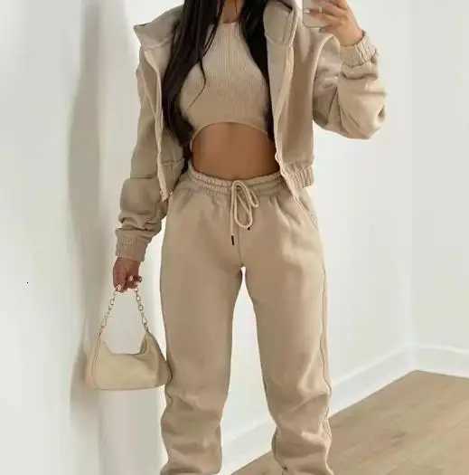 Solid Color Short Hooded Jacket Sleeveless Vest and High Waisted Ankle Pants Set for Autumn Womens Sports Style 3Piece SetT251022