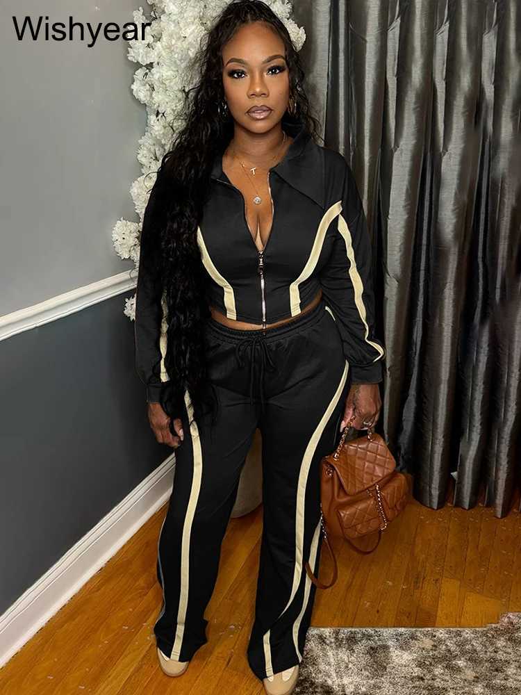 Womens Casual Stripe Patchwork 2Piece Set Lapel Long Sleeve Zipper Crop Jacket with Wide Leg Pants Suits Autumn 2PC TracksuitT251022