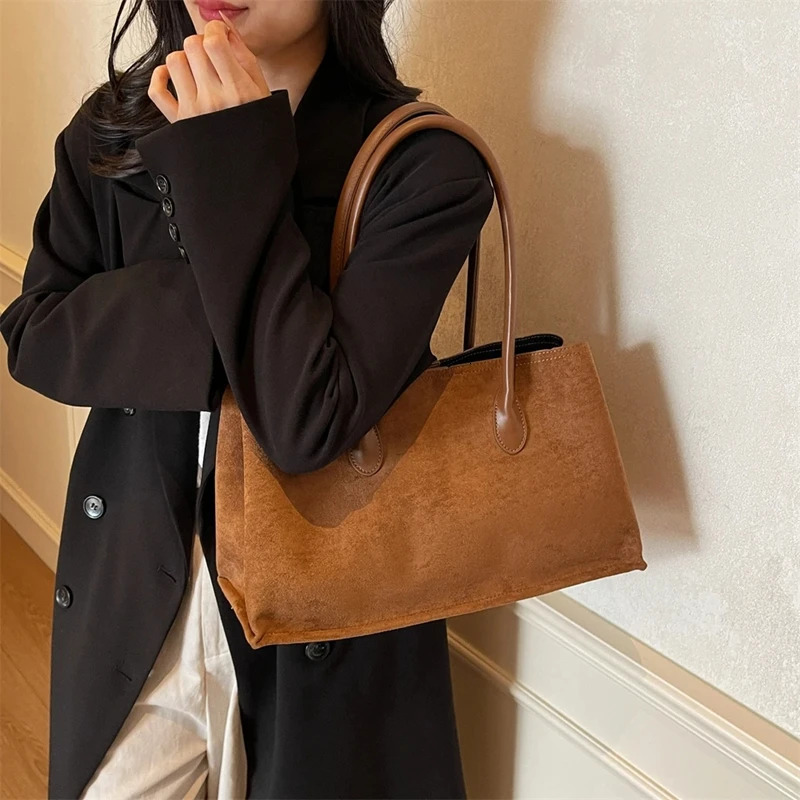 Elegant Faux Suede Handbags Women England Style Solid Casual tote Large Capacity Shoulder Bags Lady Retro Female Bags 251021