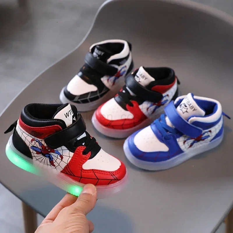 Disney Childrens Led Light Shoes Fashion Design Spiderman Boys Sneakers Girls Cartoon Casual Shoes Breathable Kids Sport Shoes H251022