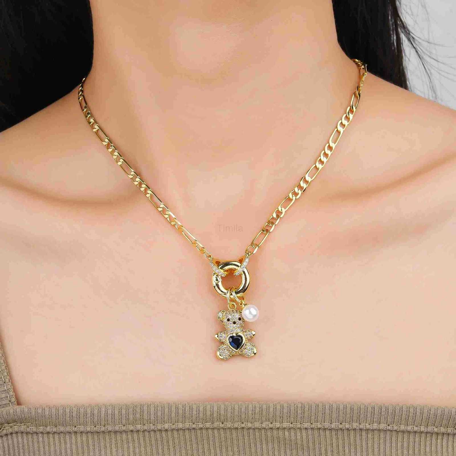 High Quality Shiny Crystal Zirconia Animal Cute Bear Pendant Necklace Choker for Woman Girl Holiday Lock Bone Chain Jewelry Gift U251022