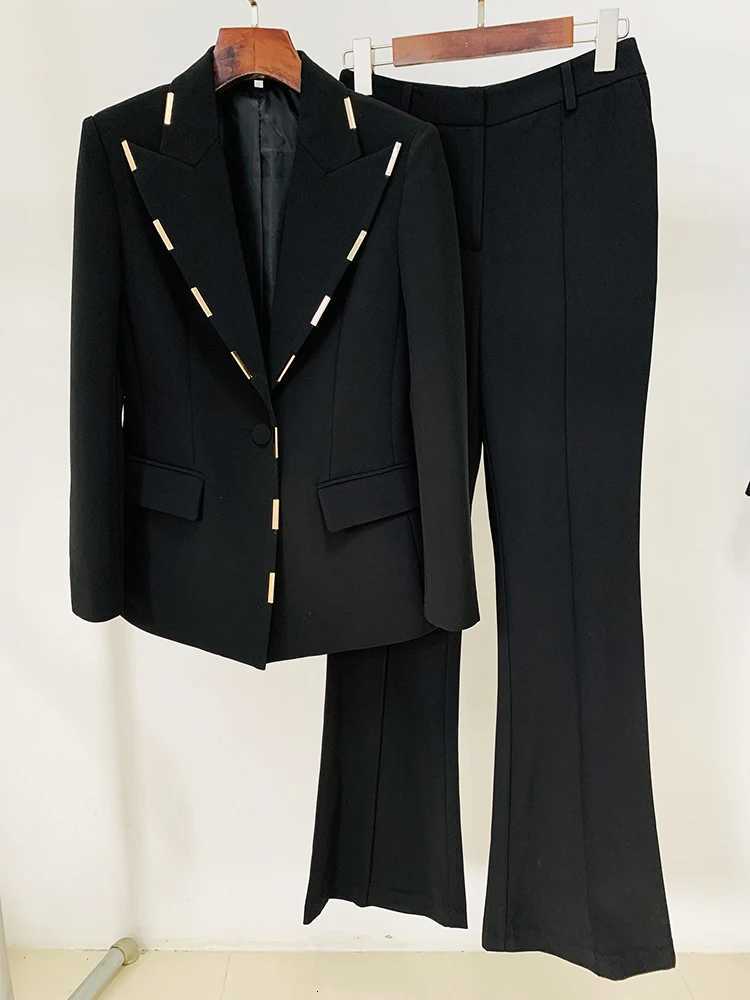 HIGH STREET Newest 2024 Designer Runway Suit Set Womens Single Button Metal Block Blazer Flare Pants SetT251022