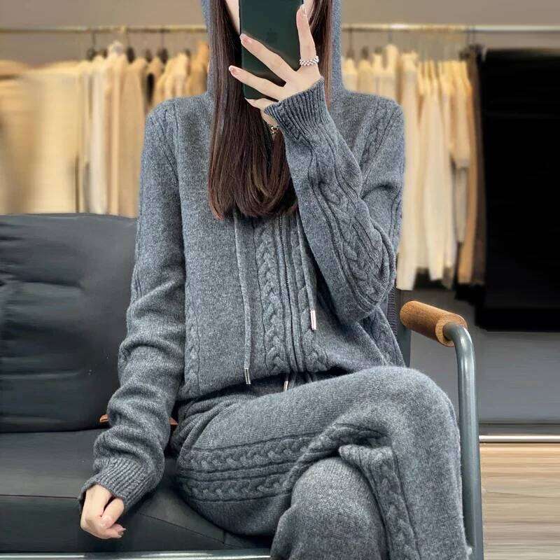 Women's Pure Cashmere Hooded Cardigan 2-Piece Set With Twisted Flower Design Loose Sweater And Wide-Leg Pants Wool Blend 251022