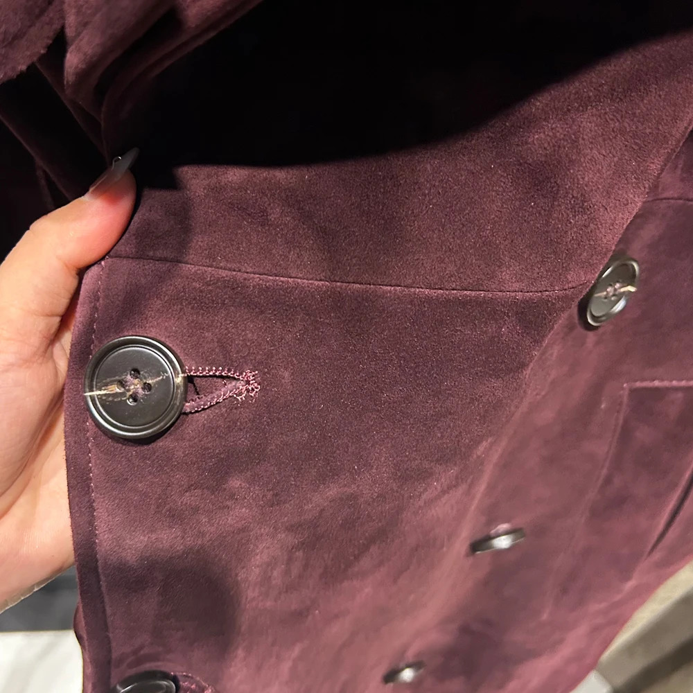 Suede Burgundy Long Coat Double Breasted Windbreak Length 150cm Womens Real 251021