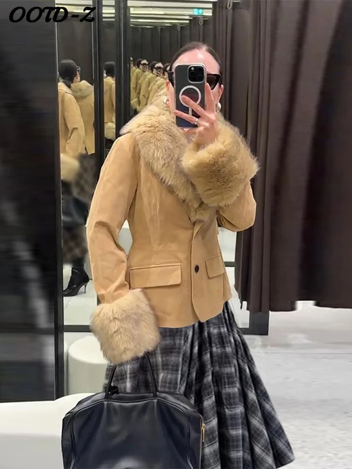 Stylish Faux Fur Patchwork Jacket Women Solid Lapel Long Sleeve Button Pocket Female Coat 2025 Autumn Winter Casual Lady Outwear 251022