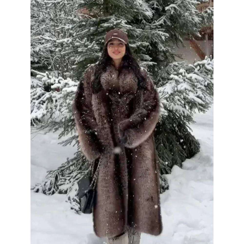 Lapel Long Faux Fur Coat For Women Solid Full Sleeve Furry Loose Jackets Fashion Ladies Winter Warm High Street Outerwear
