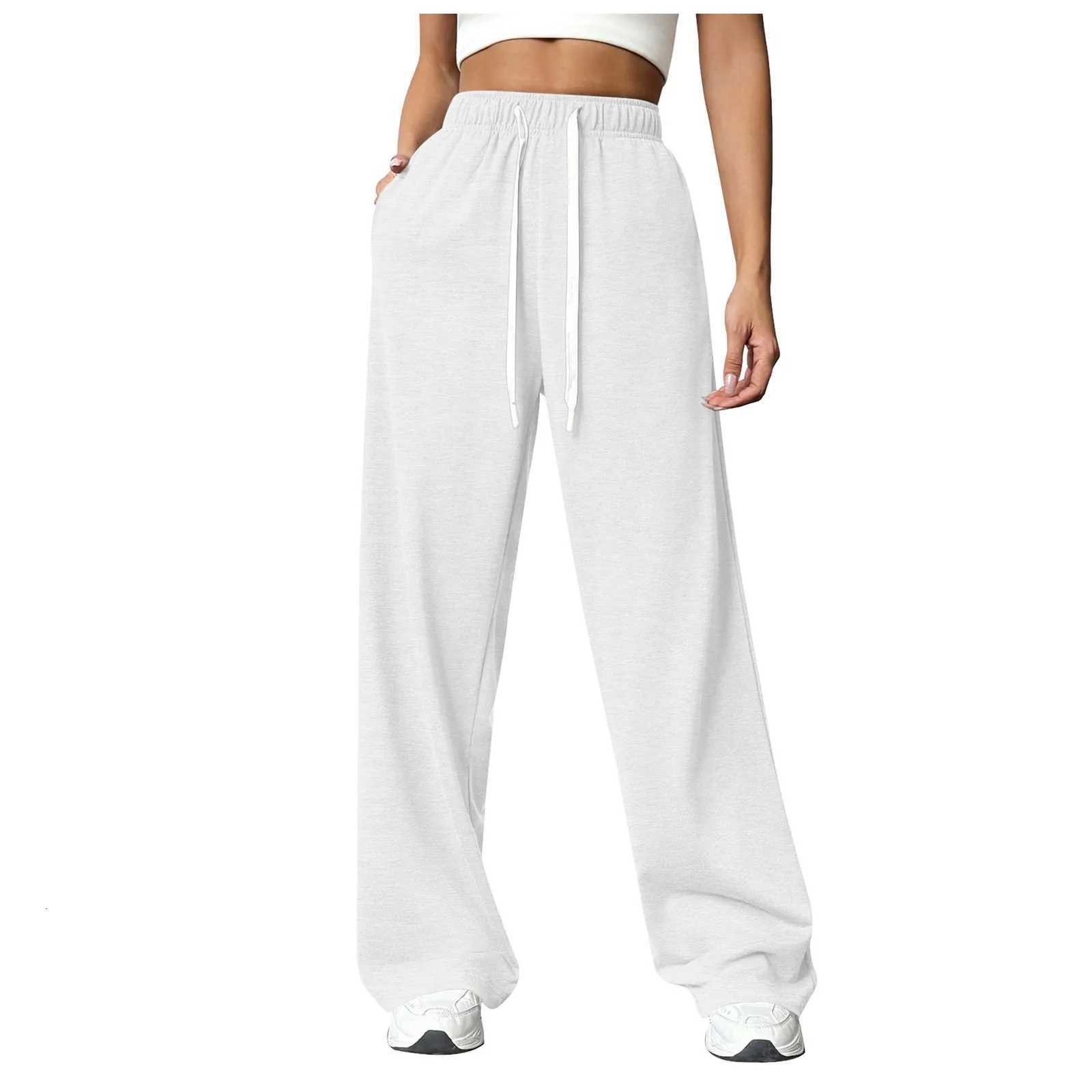 Women New Elastic Waist Pants with Side Pockets Fleece Lined Thick Wide Leg Sweatpants Pure Color Straight CutT251022