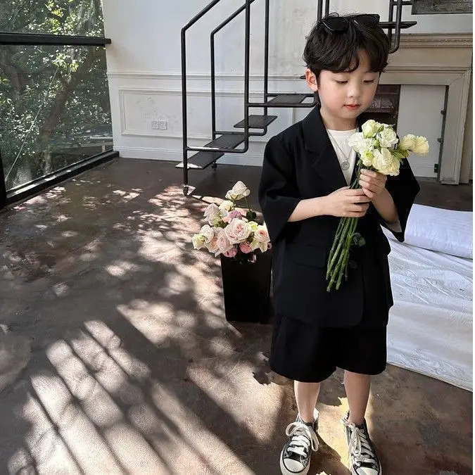 Boys Summer Suit Set Korean Style Black Short Sleeve Blazer Shorts Outfit 2Piece Casual Loose Formal Wear for Kids Age 38 Year 251021
