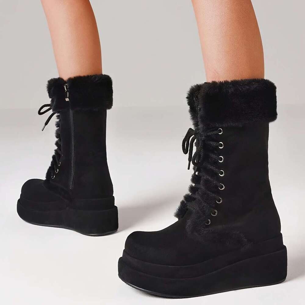 Fluffy Women Snow Double Platform Chunky Heels Lace Up Mid Calf Shoes Faux Furry Warm Punk Goth Christmas Boots