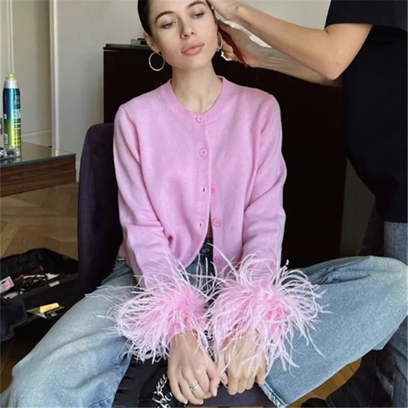 hirigin Fashion O Neck Sweater Tops Fur Feather Patchwork Long Sleeve Knitted Cardigan Spring Fall Slim Knitwear Top Streetwear 251016