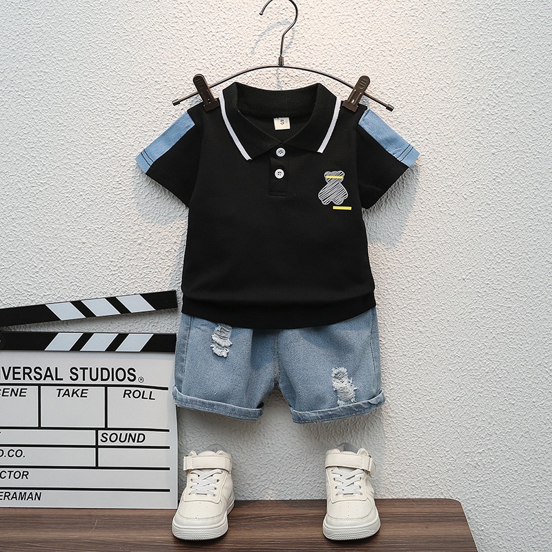 Free Shipping Boys 2-Piece Summer Set - Short Sleeve Polo Shirt and Denim Shorts, Korean Style Cartoon Print Collar Outfit