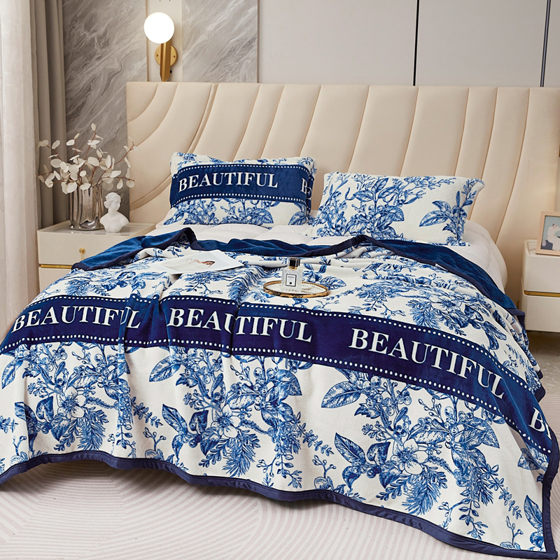 Designer Luxury Brand Skin-friendly Soft Throw Milk Fluff Nap Blanket with Plants and Flowers Camellia Pattern for Office /Bedroom /Travel /Gift W2603