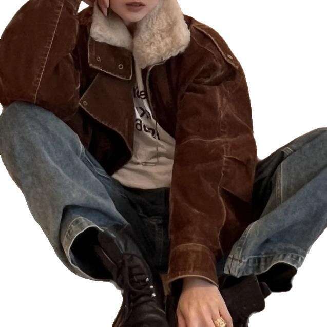 2025 Vintage Brown Distressed Denim Flocked Fabric White Goose Down Iceland Wool Collar Parka Jacket