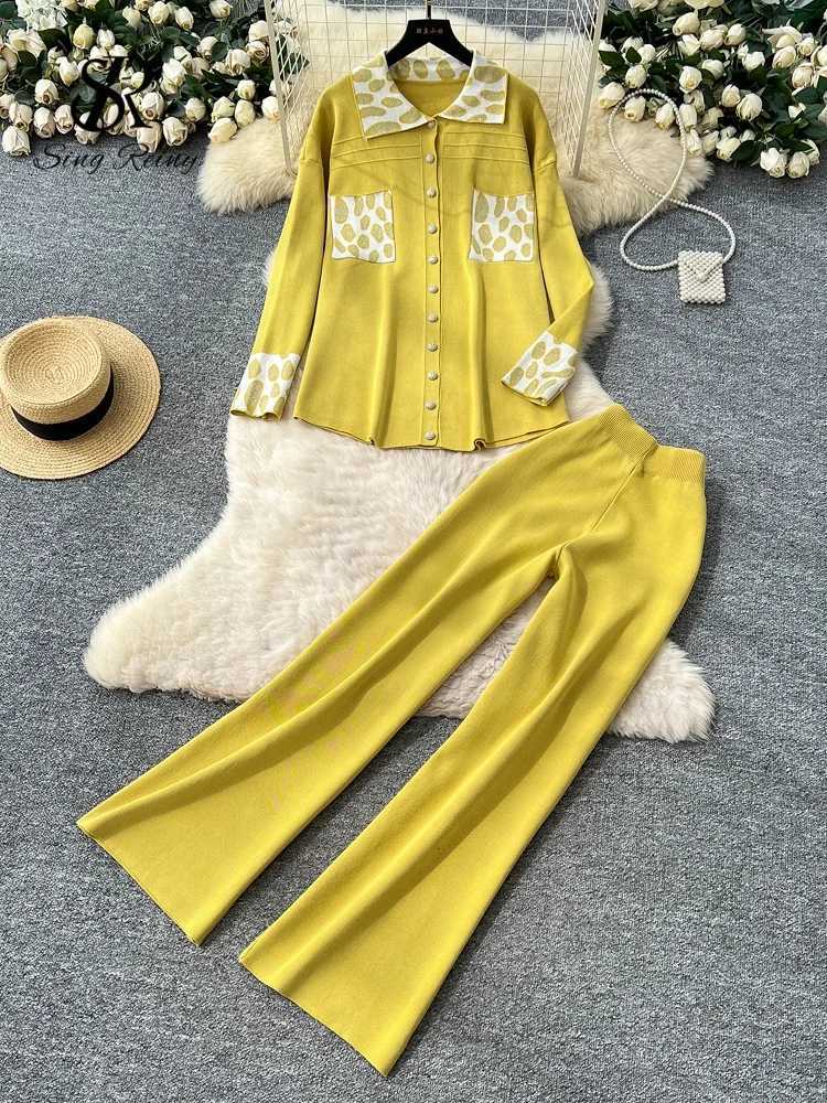 SINGREINY Winter Leopard Casual Suits Fashion Women Loose Knit ShirtElastic Wide Legs Long Pants Print Sweater Two Pieces SetsT251022