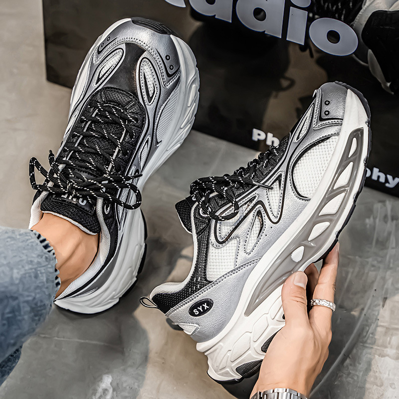 Men's shoes autumn and winter trendy brands versatile casual sneakers teenagers running thick-soled shock-absorbing height-boosting white daddy s