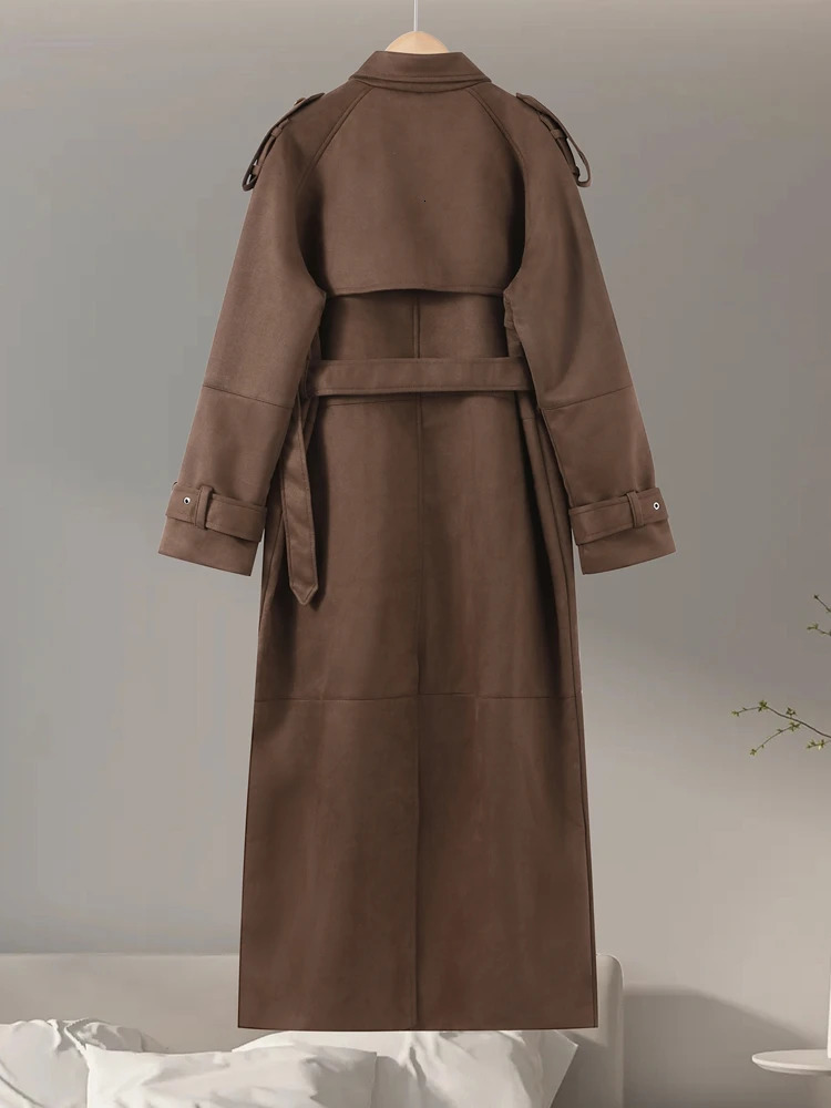Retro Suede Long Trench Coat With Belt Women Lapel Doublebreasted Jacket Pockets Autumn Winter Lady Solid Outwear 251021