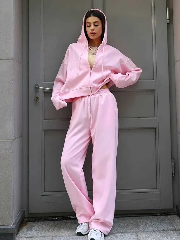 FSMG Casual Hooded Zippers Sweatshirts Pants Set Long Sleeved Cardigan Laceup Sportswear Two Pieces Set Female Tracksuit SuitT251022