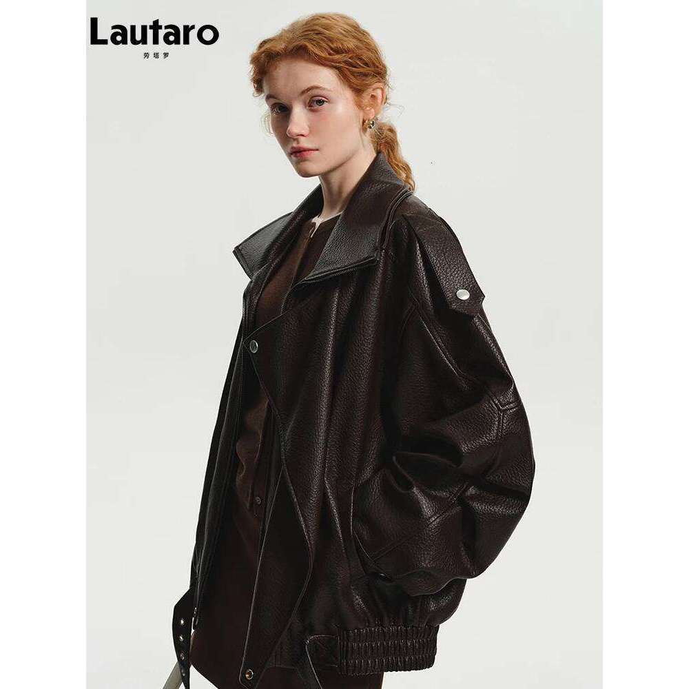 Lautaro Spring Autumn Cool Brown Oversized Pu Leather Jacket Women Long Sleeve Zip Up Designer American Retro Clothing