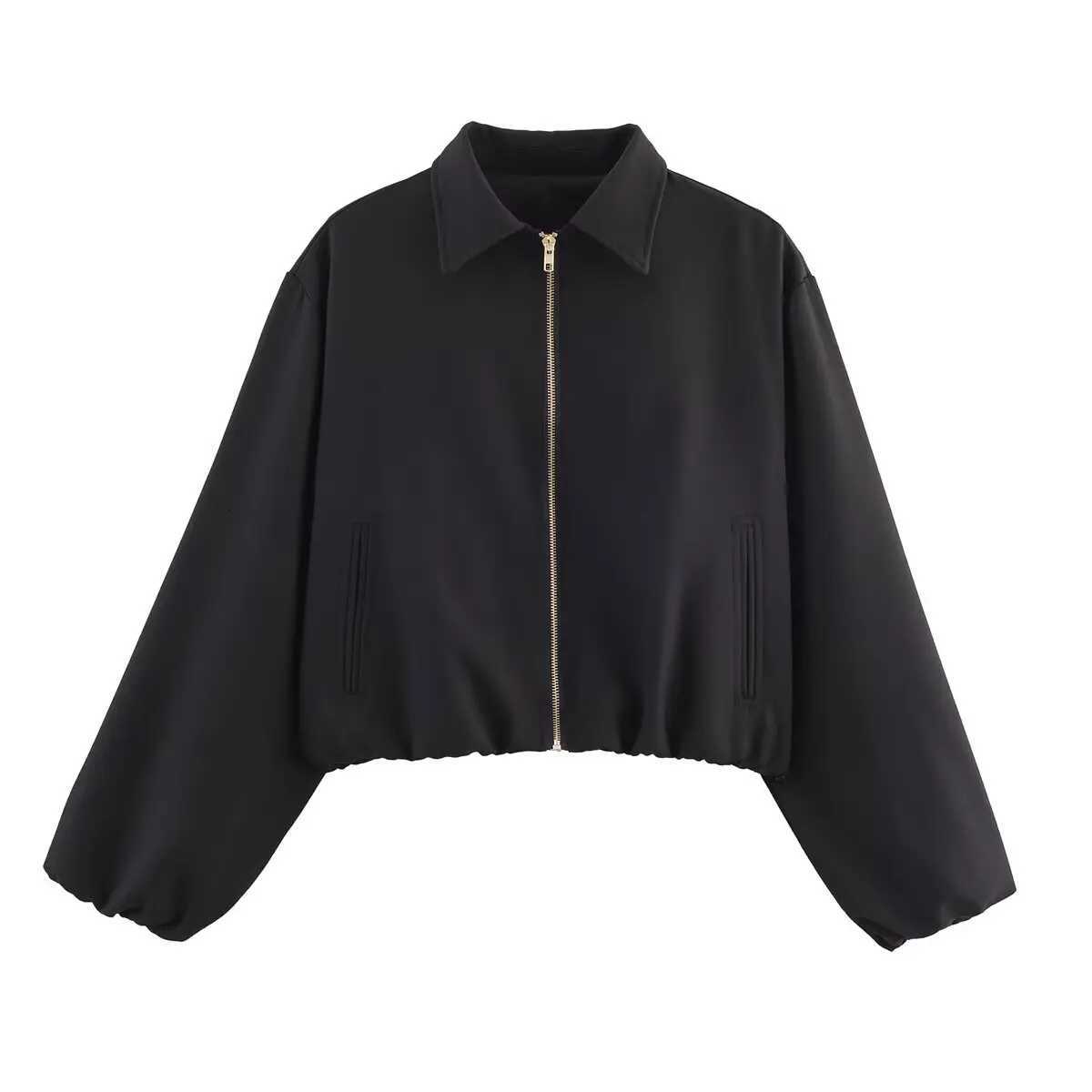 HH Autumn Women Casual Zipper Jacket Solid Long Sleeve Lapel Cropped Coat Fashion Female Bomber Jackets Streetwear1 Y251105