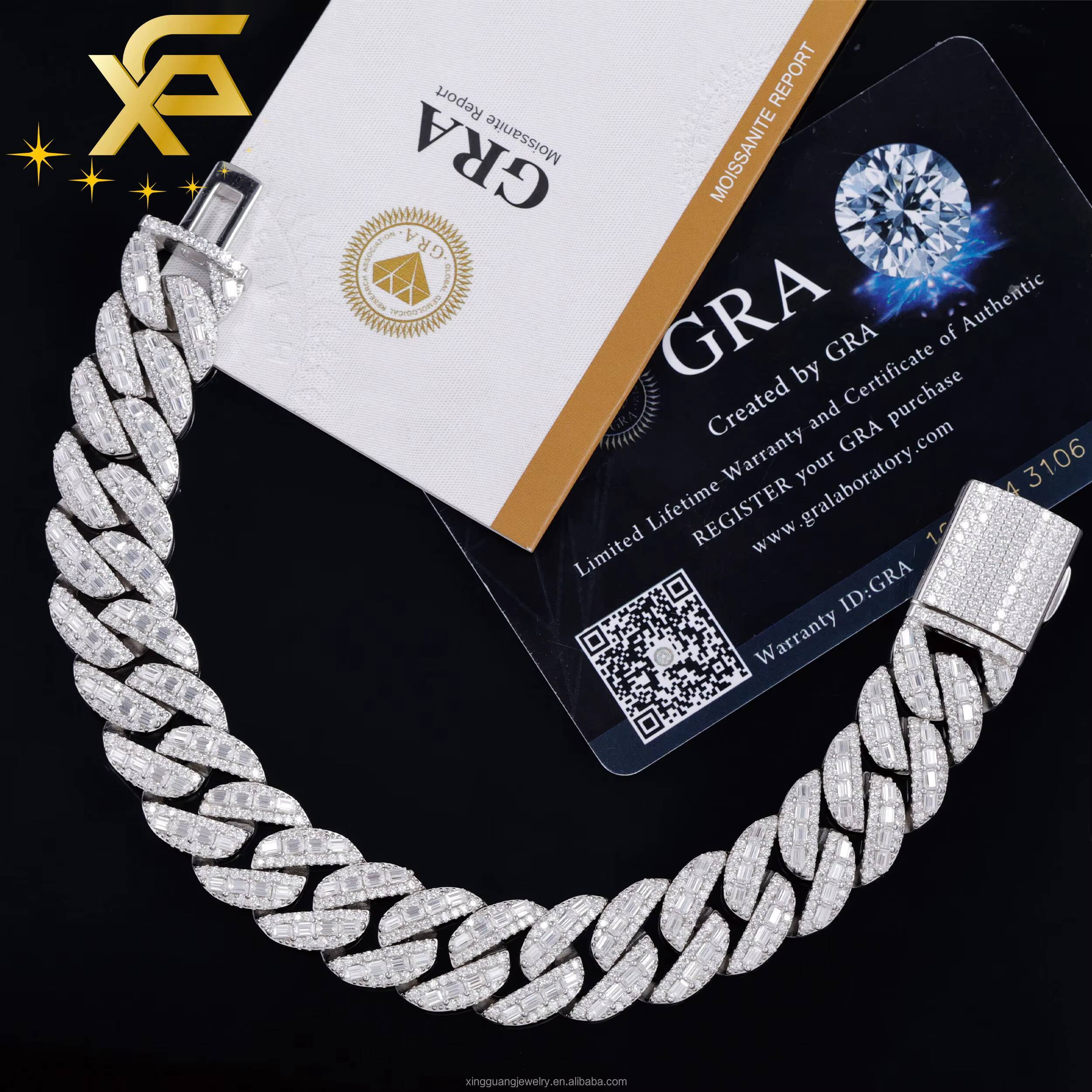 Premium Quality 925 Silver Cuban Lidynamic Chain 15MM VVS Moissanite Baguette Diamond Hip Hop Style Jewelry Cuban Bracelet