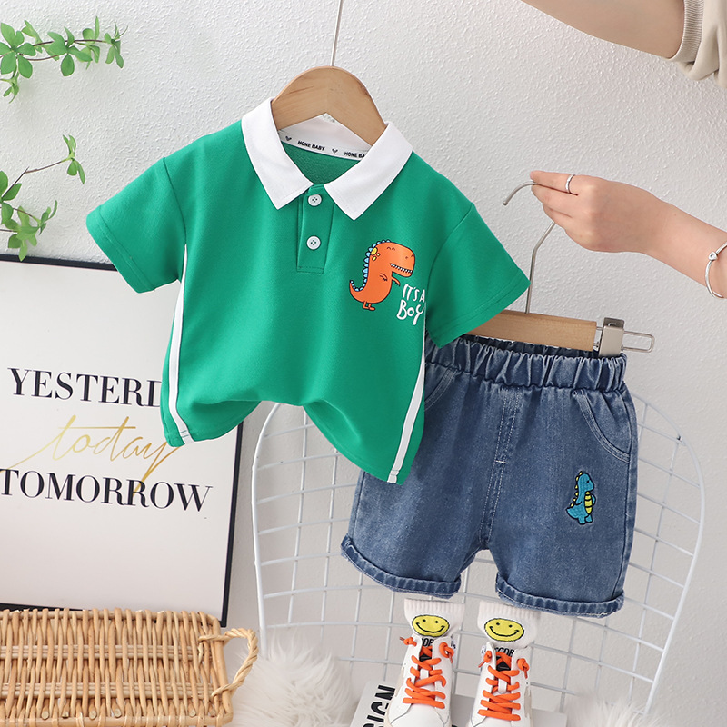 Free Shipping Dinosaur Print Boys 2-Piece Set, 2025 New Polo Shirt and Shorts Outfit, Summer Sports Clothes for Baby Boy
