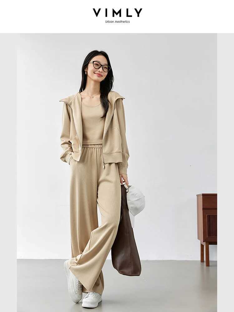 VIMLY Women 2025 Autumn Sporty SweatshirtsVest Pants 3Pcs Suit Office Lady Outfits Casual Sets Ladies Simple Tracksuit A0305T251022