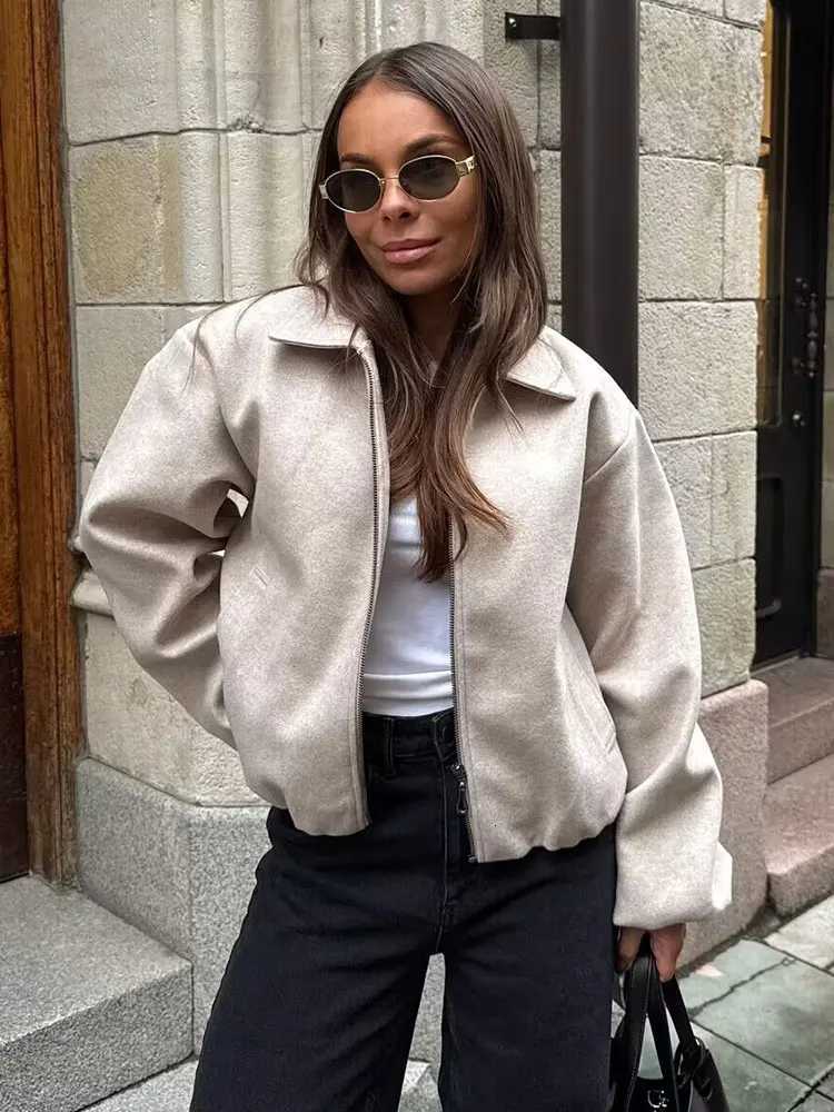 HH Autumn Women Casual Zipper Jacket Solid Long Sleeve Lapel Cropped Coat Fashion Female Bomber Jackets Streetwear1 Y251105