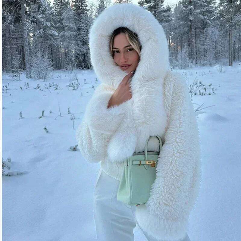 Casual Faux Fur Hooded Coat Women Fashion High Street Fluffy Big Collar White Snow Jackets Winter Warm Oversized Thick Outwear