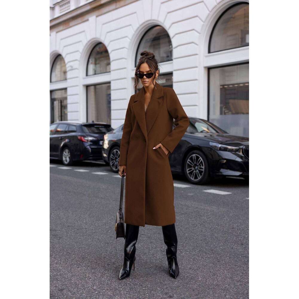 Womens Trench Winter Notched Lapel One Button Mid-Long Pea Coat Casual Work+Office Overcoats Jacket with Pockets