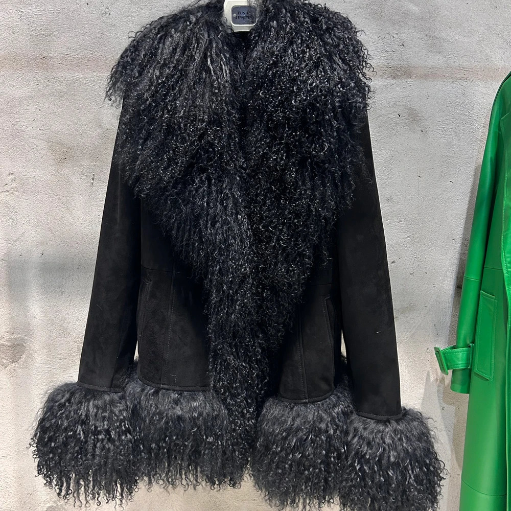 Black Suede Mongolian Sheep Fur Coat Women Jacket with Long Sleeve arrival Winter Real 251021