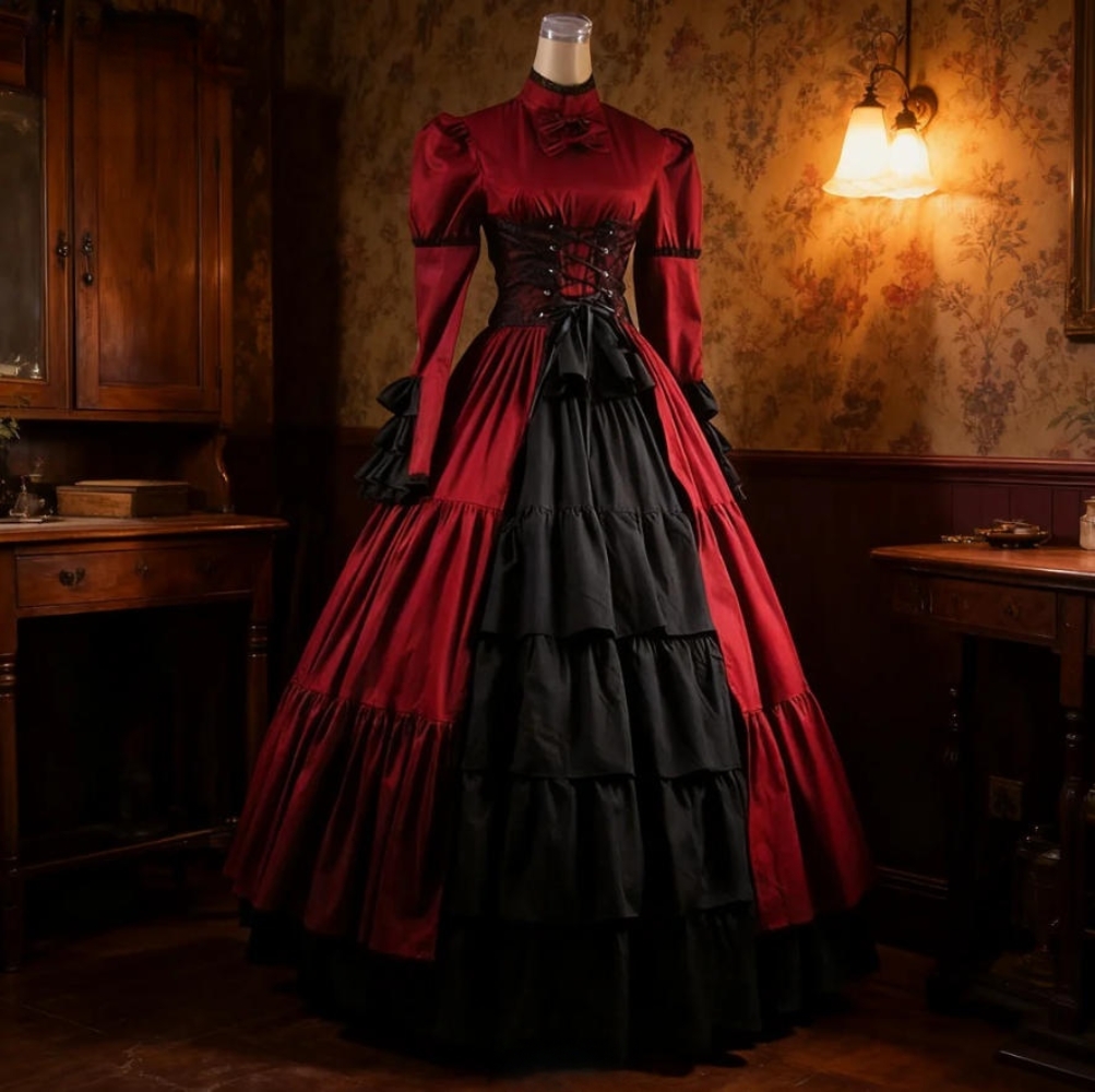 Gothic Victorian Prom Dresses High Collar Long Sleeves Dark Red And Black Vintage Evening Gowns Ruffles Tiered Corset Special Occasion Wear Masquerade