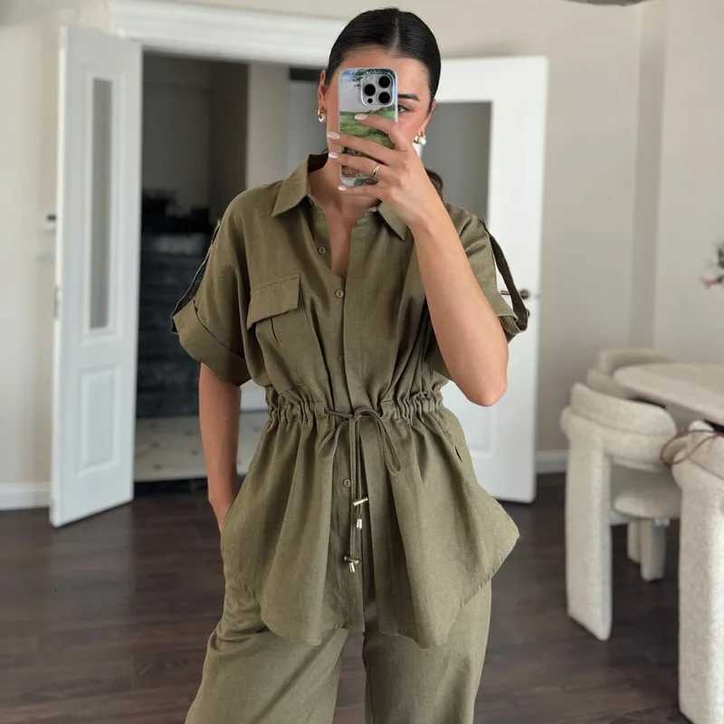 Fashion Solid Color Drawstring Button Shortsleeved Tops Work Pants Sets Women Summer Top Pocket Work Pants Sets For Women 2025T251022