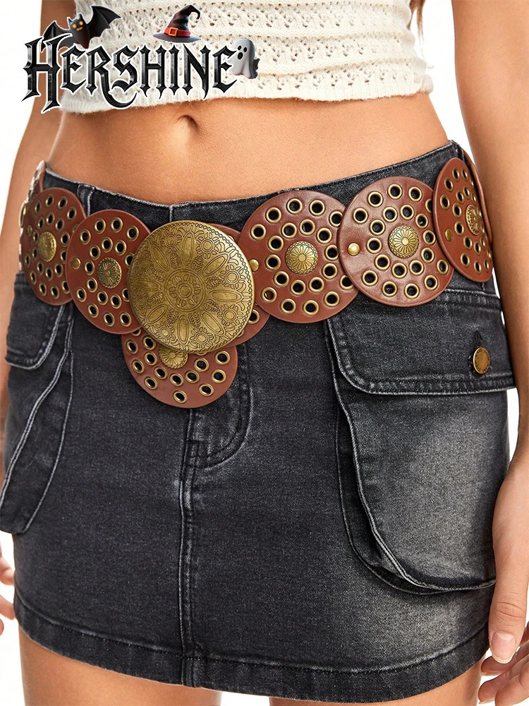 1 piece of womens brown round pancake metal eyeliner belt Western style Western style Simian style Y2K Gothic style 251013