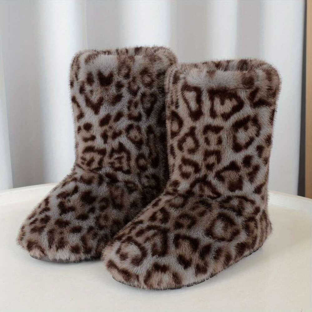 Women's Winter Warm Faux Plush Mid-Calf Slip-On Flat Round-Toe Casual Boots