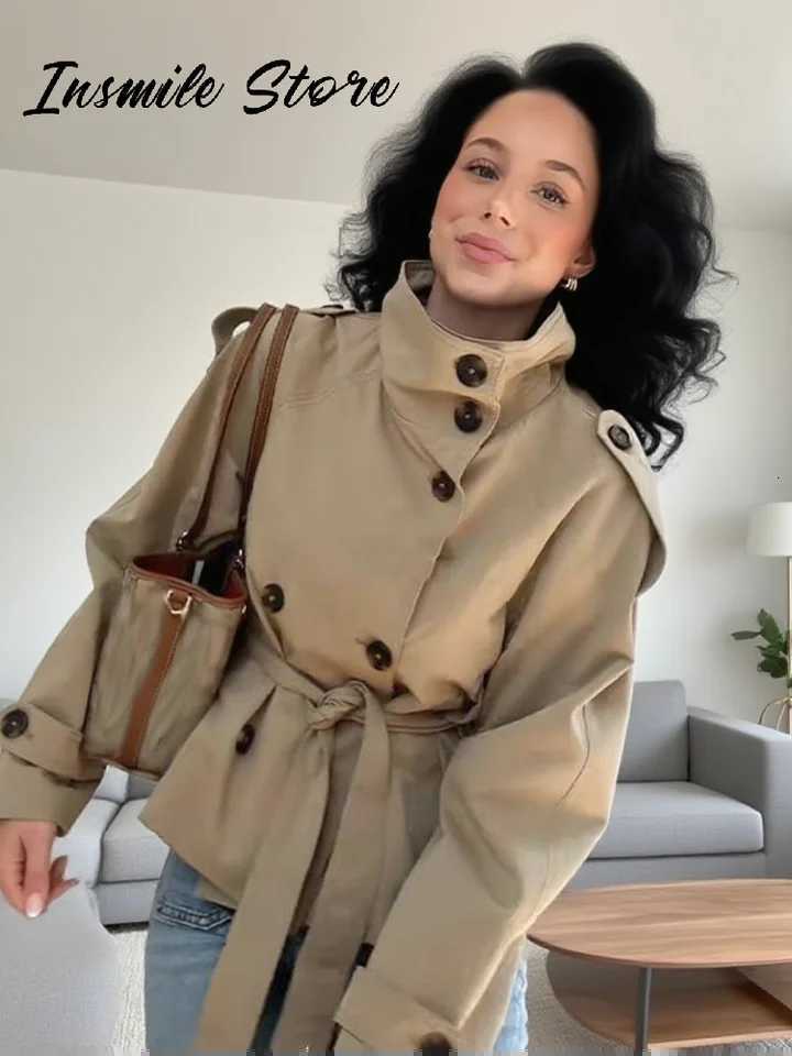 Fashion Belt Short Trench Coat Women Stand Collar Double Breasted Pocket Long Sleeve Coats 2025 Autumn Lady Commute Chic Outwear Y251105