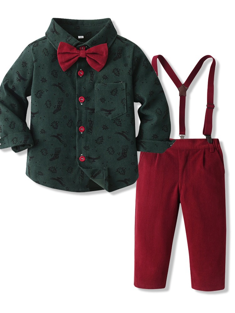 Kids' Autumn Christmas Outfit Foreign Trade Long-Sleeve Shirt & Suspender Pants Set Toddler Boys' Formal Birthday Wear