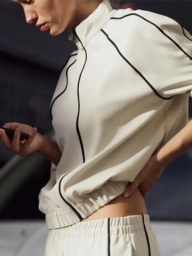 Casual Set Women Tracksuits Long Sleeve Lapel Fashion Zipper Hoodie Tie Elastic Waist Comfortable Striped Pants Sport Suit 251010