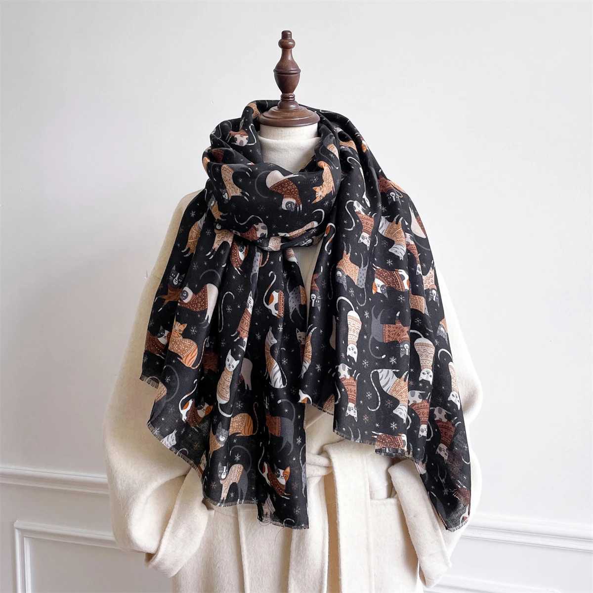 88180cm Cute Cat Print Women Viscose Scarf Cotton Linen Feeling Ventilate Luxury Soft Girl Shawl Tassel Muslim Hijab J251118