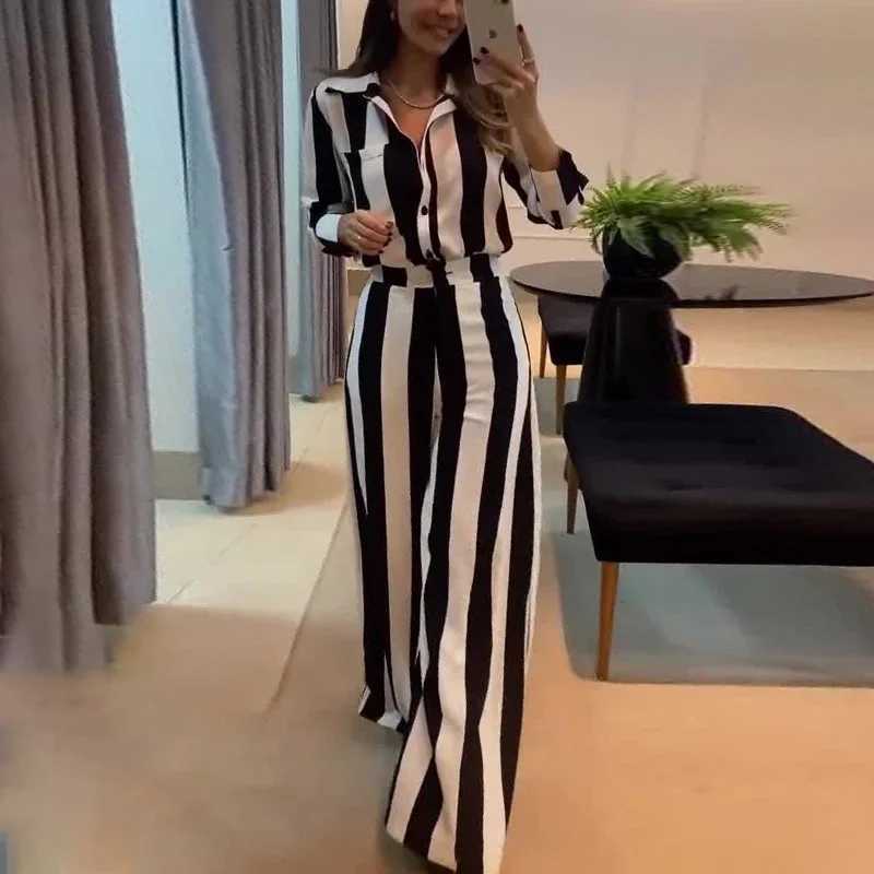 Women Two Pieces Set Striped Long Sleeve Turn Down Collar Shirts Button Wide Leg Pants Suits Regular Elegant Office Lady 2025T251022