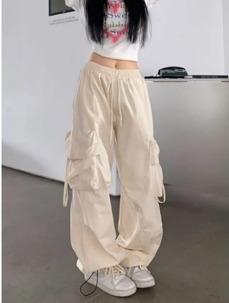 SweatPants Women Vintage Cargo Pants Fashion Elastic Waist Retro Oversized Solid Wide Leg Pant Casual Streetwear Baggy Trousers 251022