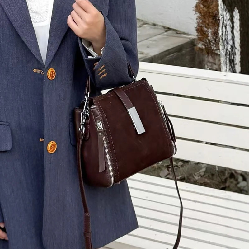 Burminsa Retro Suede Cowhide Genuine Leather Tote Handbags For Women 2025 Bucket Ladies Shoulder Crossbody Bags 251018