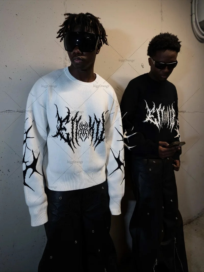 2025 High Street Trendy Streetwear Long Sleeve Gothic Punk Dark Graphic Knitted Sweater Men Hiphop Casual Oversized Pullover 251020