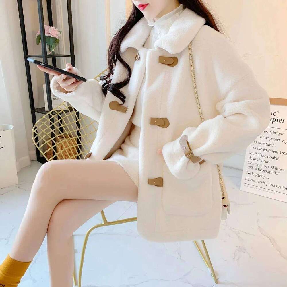 Lamb Veet Women's Small Size Autumn Winter New Korean Loose Versatile Button Long Sleeve Top Thickened Woolen Coat