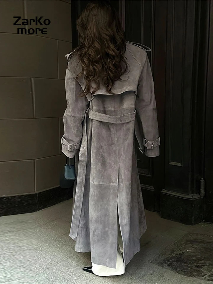 Chic Faux Suede Belt Long Trench Coat Women Lapel Double Breast Full Sleeve Windbreaker Autumn Winter Lady Commute 251021